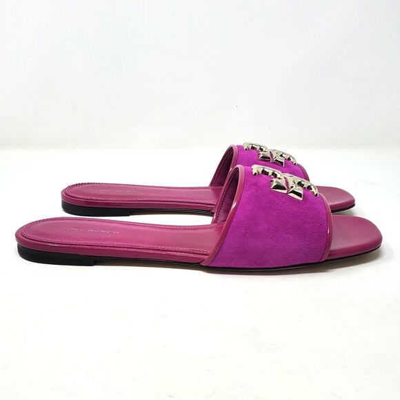 Tory Burch Eleanor Slide Suede Leather Sandals Fuchsia Pink 141279